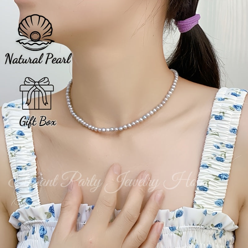 Gray Freshwater Pearl Necklace with Sterling Silver Clasp for Women