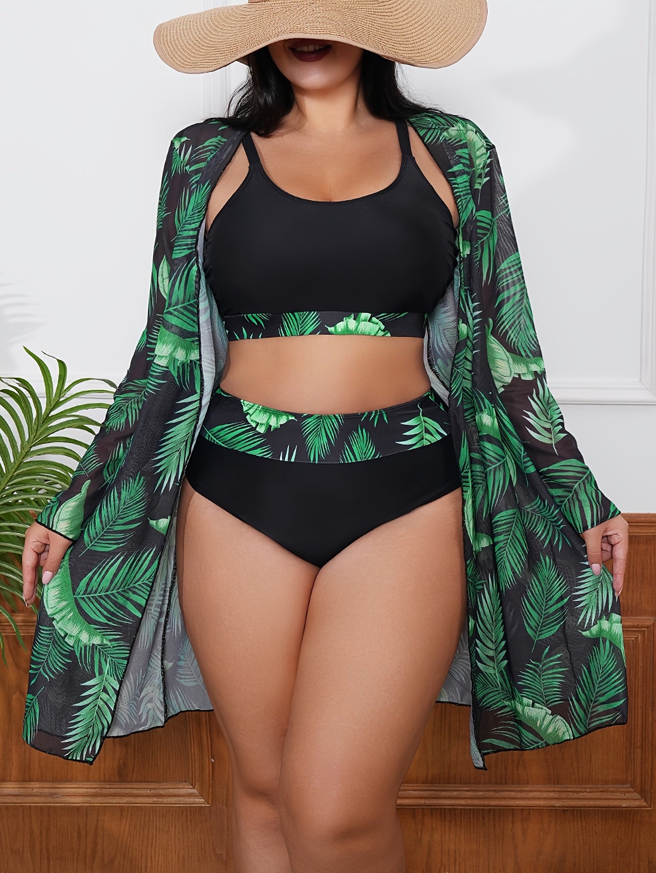 Katta o'lchamdagi ayollar uchun tropik bosma uzun qoʻlqopli qopqogʻi, rang blokli detall bilan