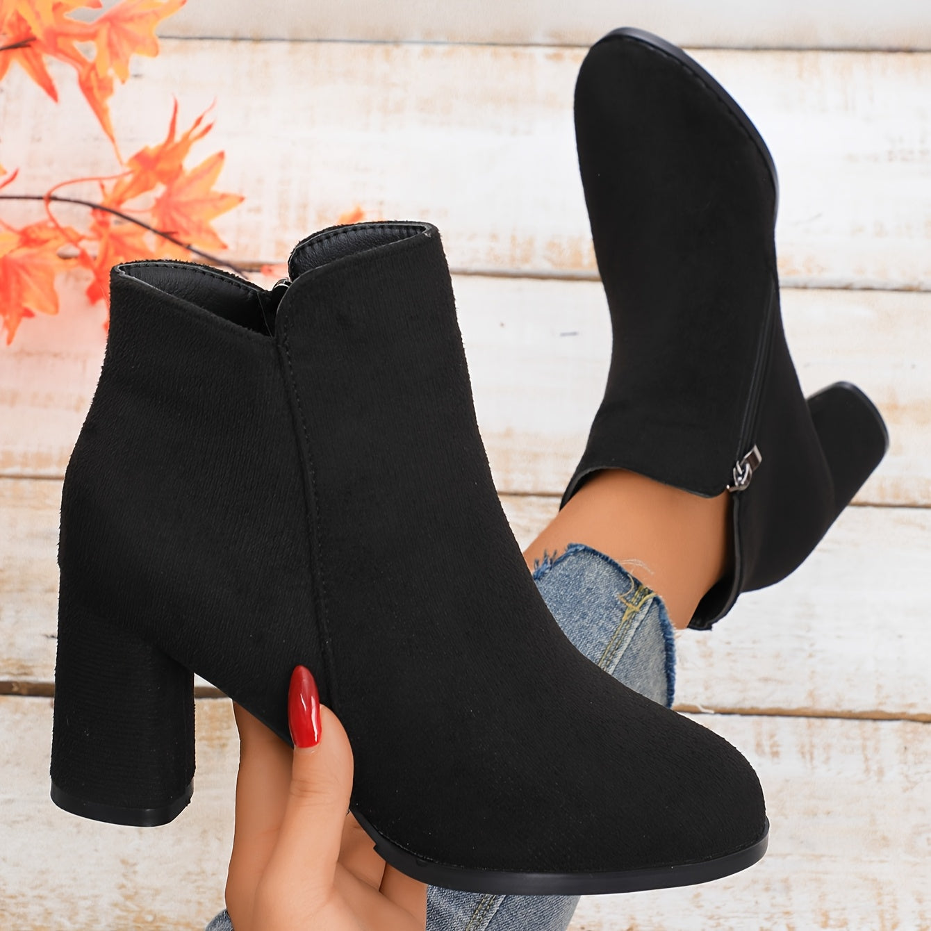 Women's Red Autumn Winter Short Booties with Mid Heels Plush Lining