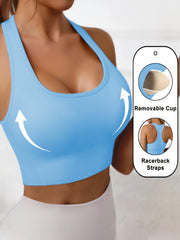 Women's Black High-Stretch Polyamide Sports Bra with Removable Cups and Racerback Support