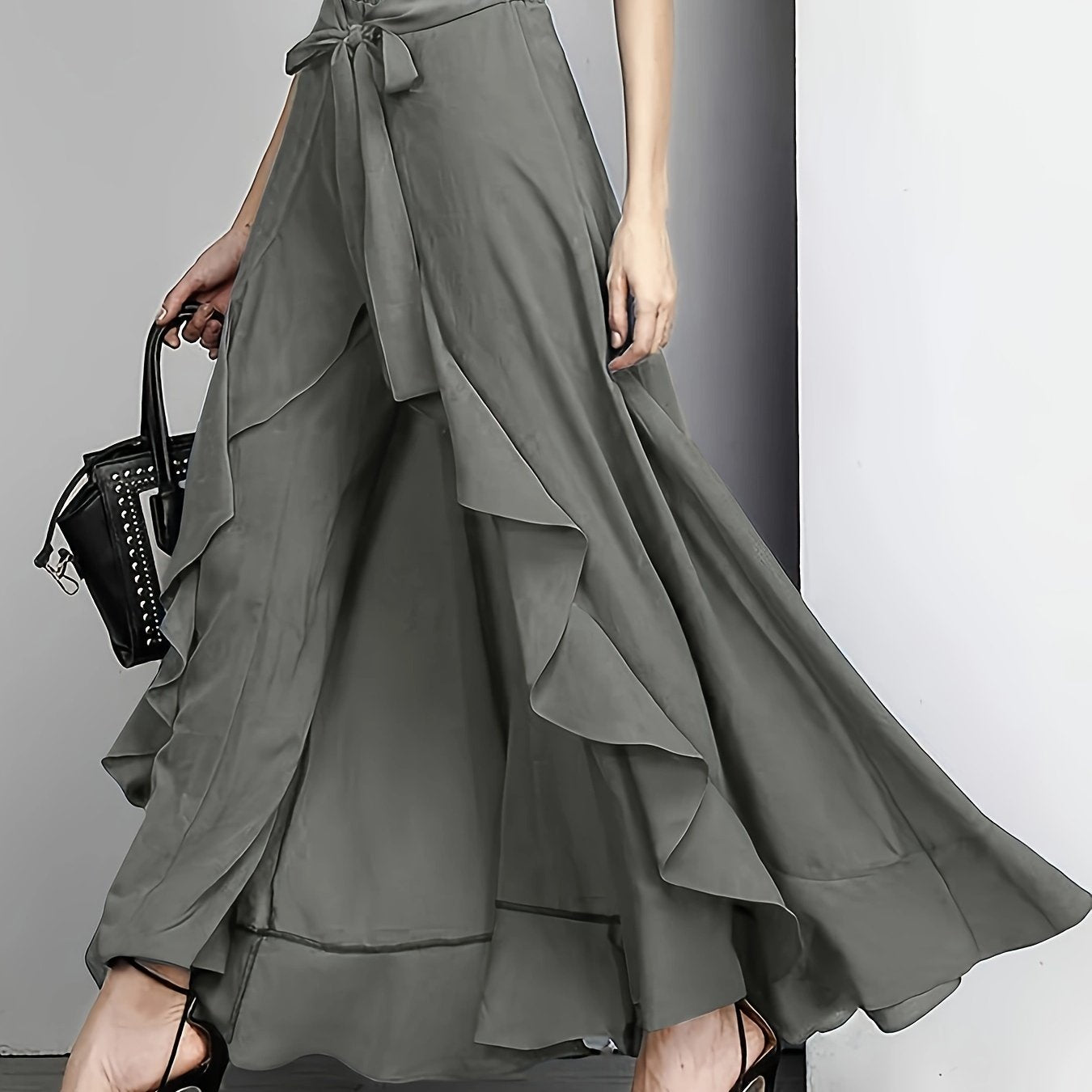 Plus Size Navy Wide-Leg Pants with Tie-Front Detail Non-Stretch Polyester Casual All-Season