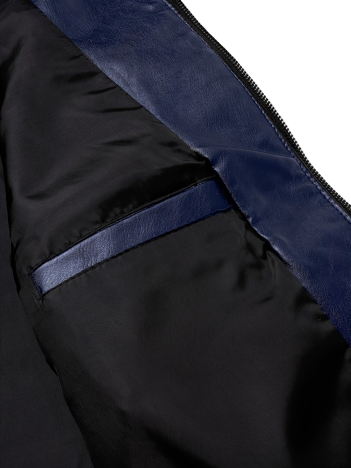 Erkaklar uchun tasodifiy PU charm kurtka, turli xil yenglar va fermuarli plakat bilan, oddiy moslashuv va uzun yenglar, cho'zilmaydigan to'qilgan moto uslubidagi tashqi kiyim.