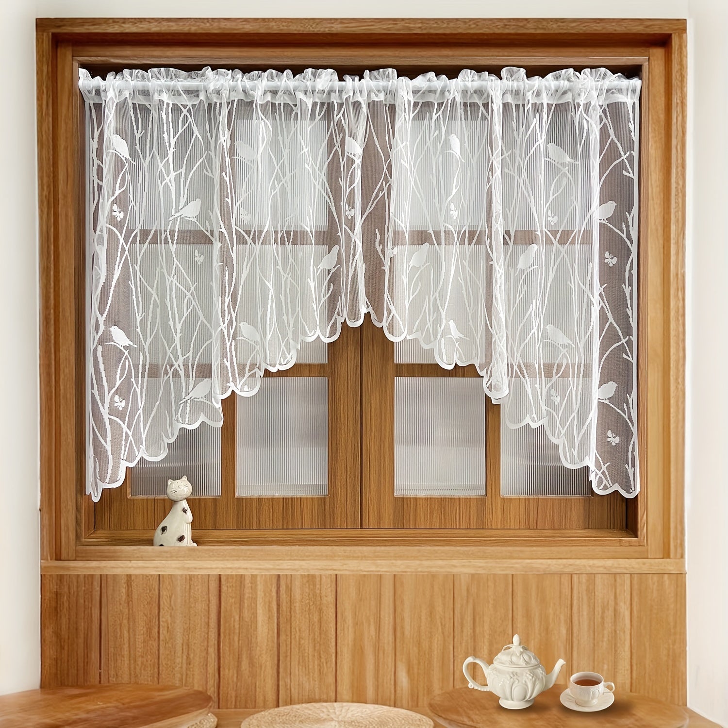 White And Black Lace Valance Curtains For Kitchen Or Dining Room Windows