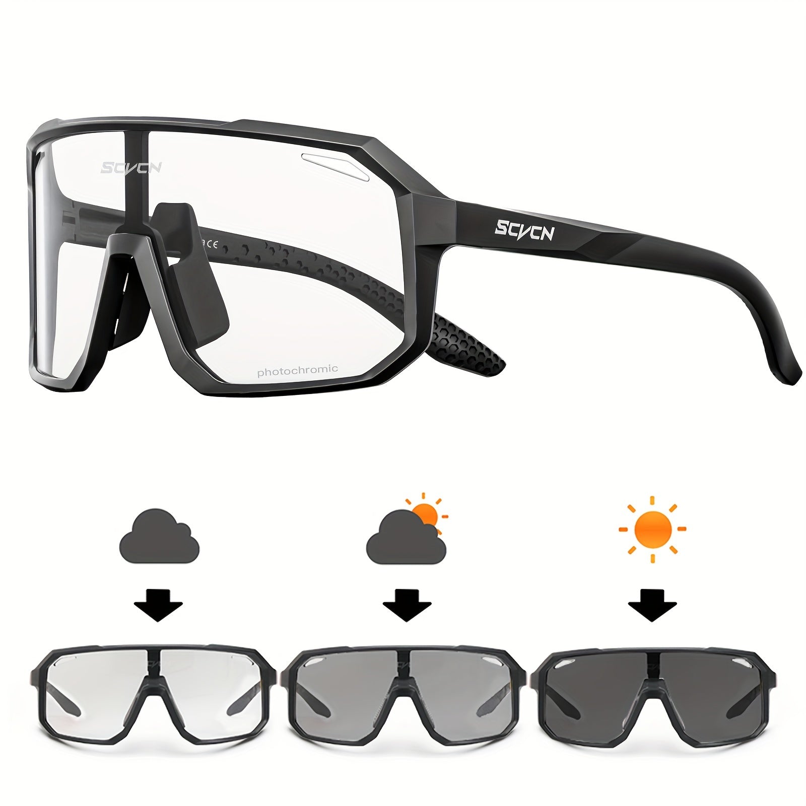 SCVCN Glasses equipped with photochromic lenses specially crafted for cycling, road driving, mountain running, and other outdoor sports. These glasses offer protection against wind for both men and women.