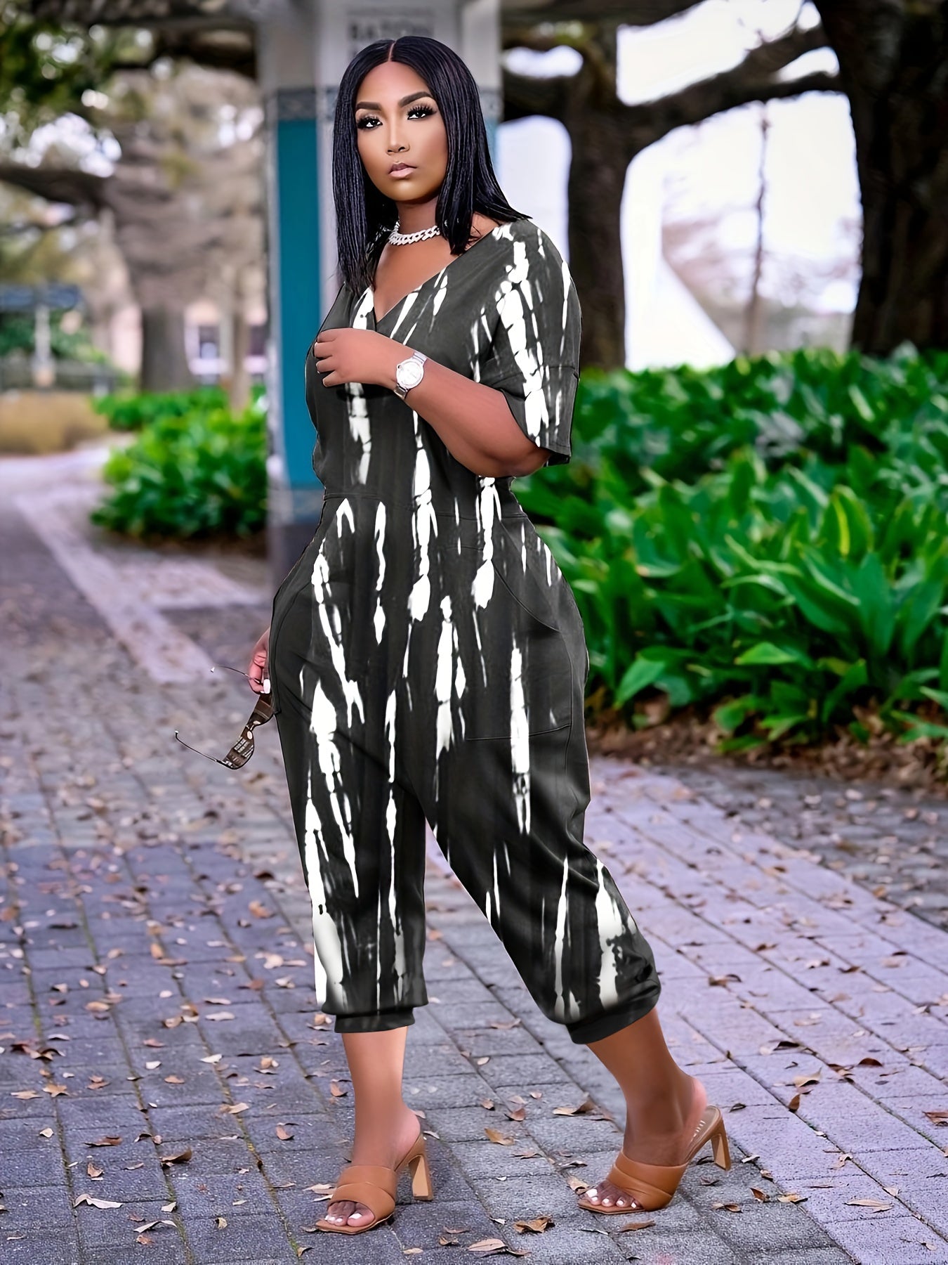 Women's Plus Size Casual Tie-Dye Jumpsuit with Pockets