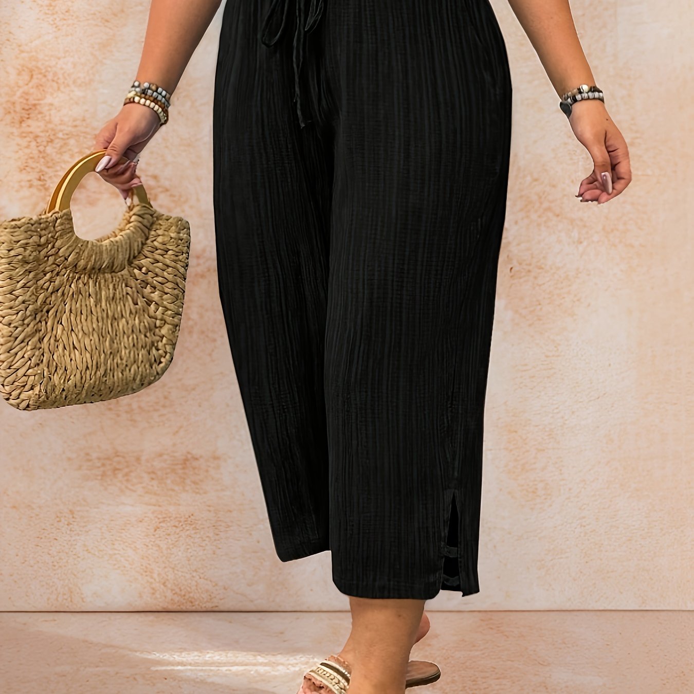 Women's Solid Color Wide-Leg Pants with Elastic Waistband