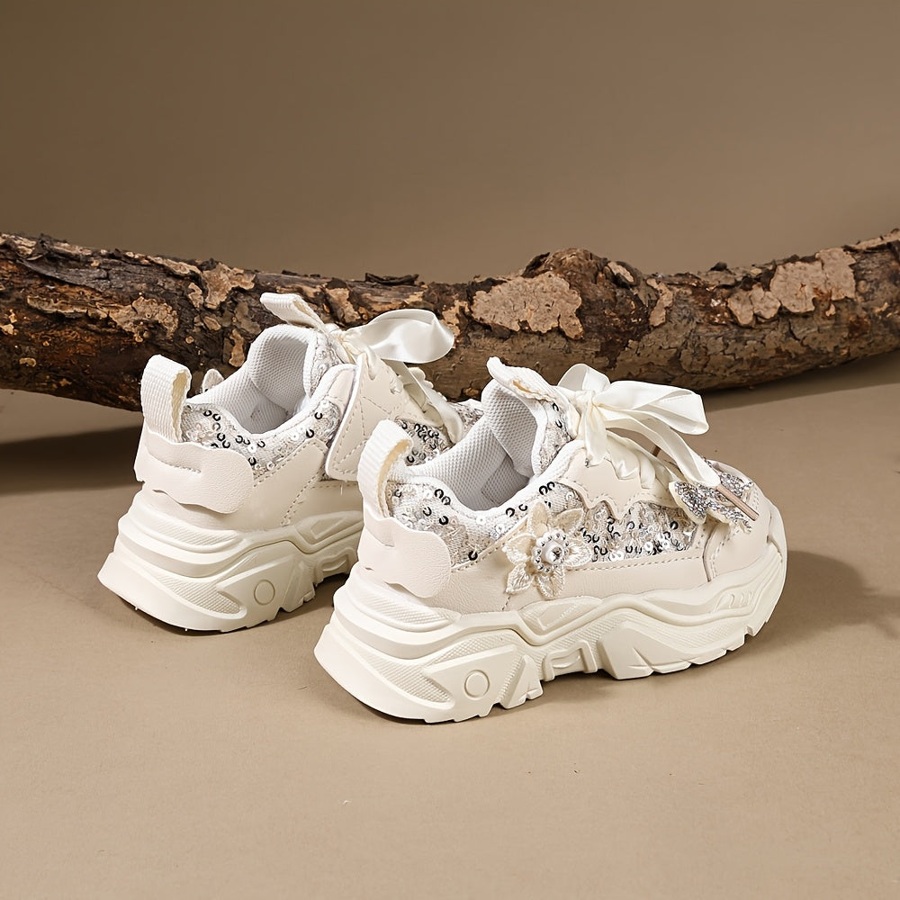 Girls' Casual Sneakers with Rhinestones and Butterfly Bow Lightweight Soft for Spring and Fall