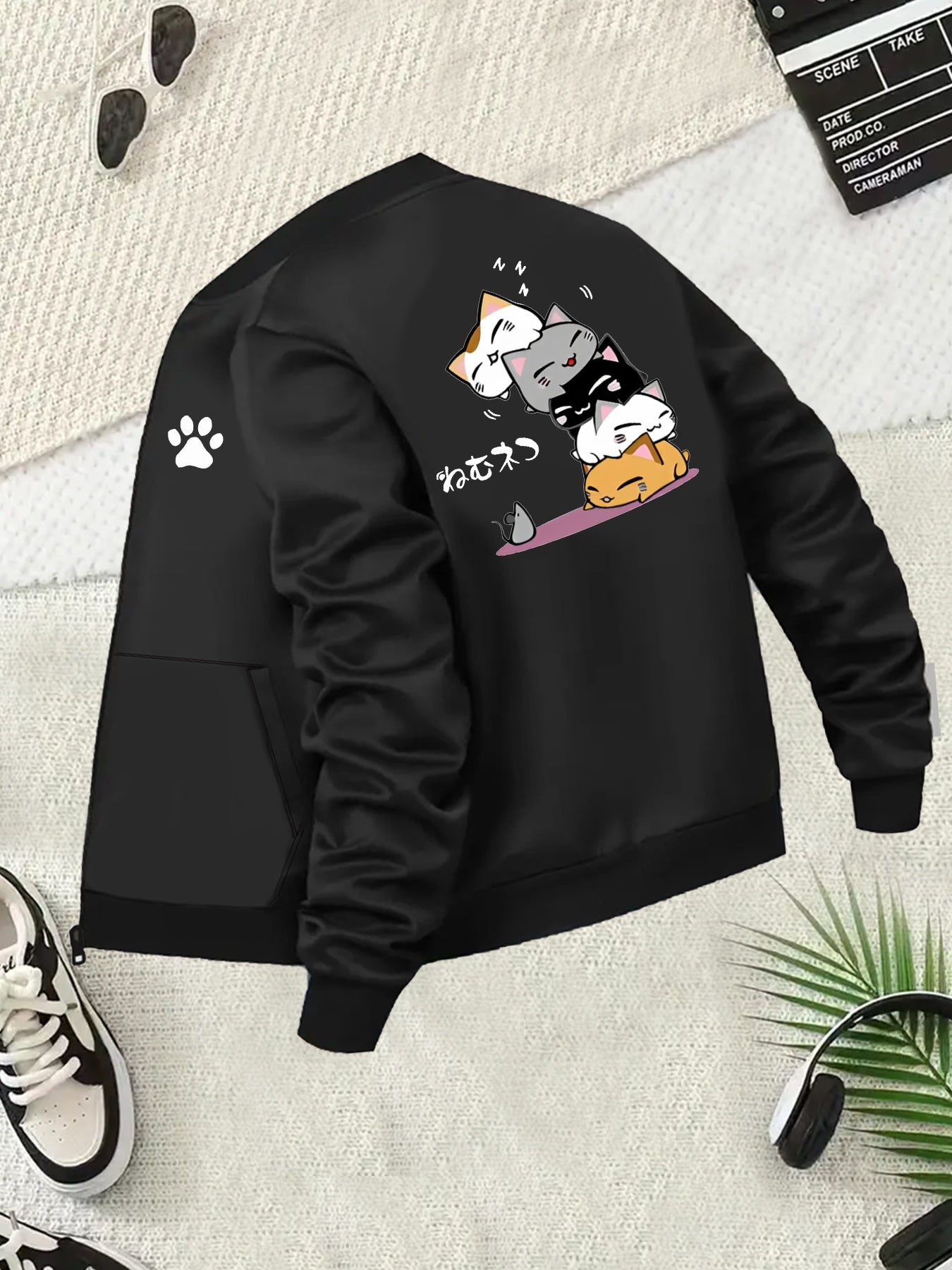 Plus Size Women's Casual Black Cat Print Baseball Collar Jacket with Pockets