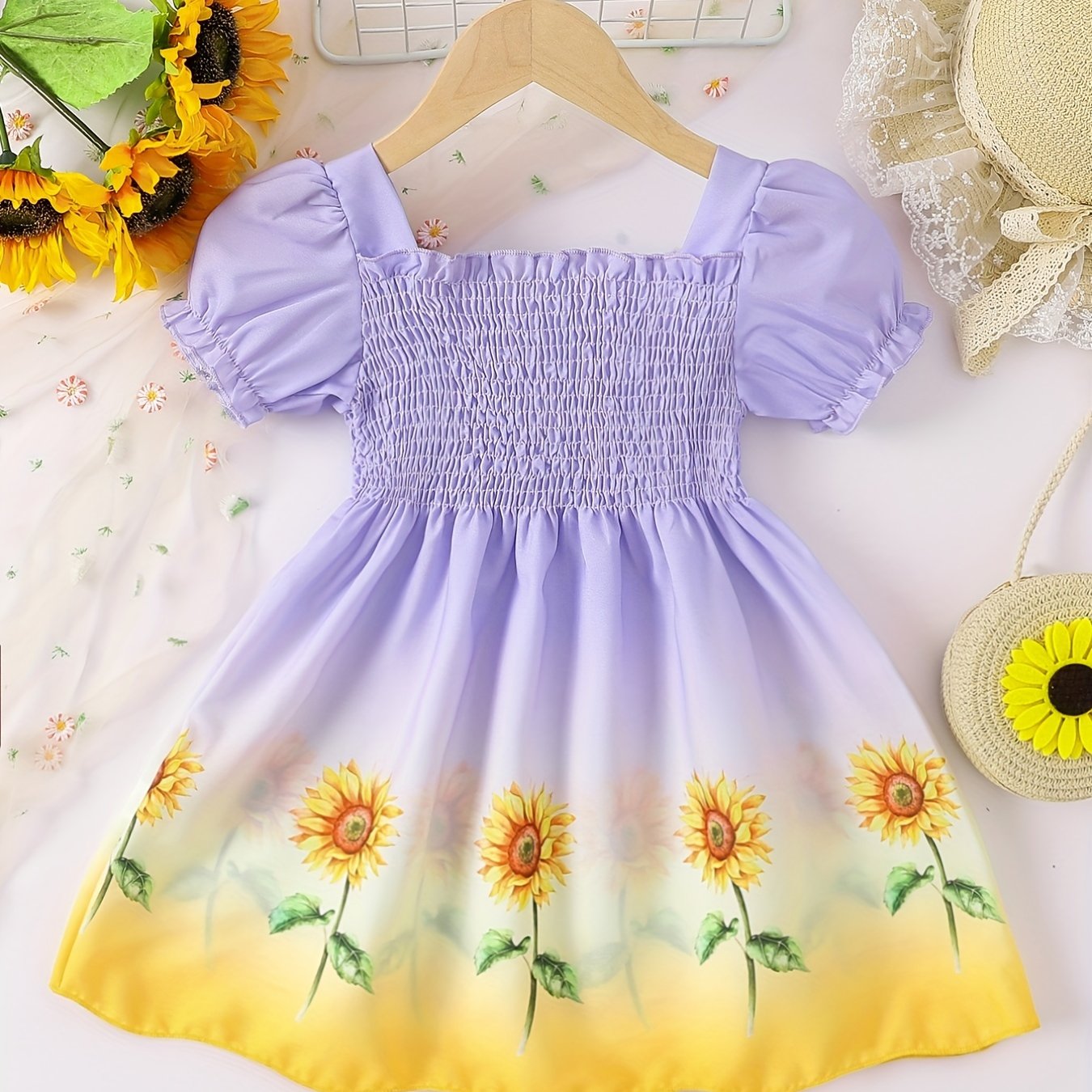 Girls Summer Ombre Sunflower Pattern Princess Dress for Kids Casual 4th of July
