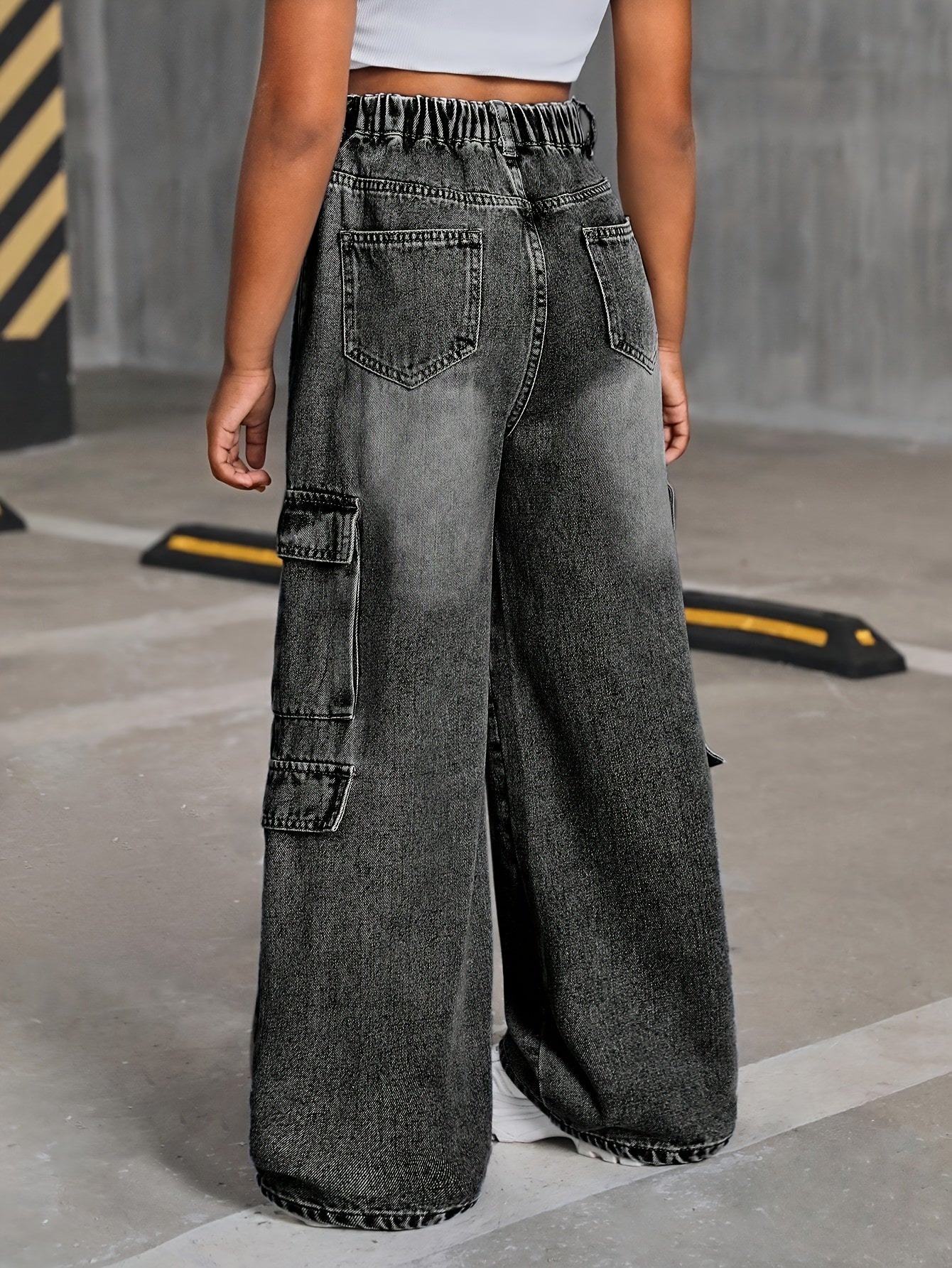 Teen Cargo Denim Pants Long Length Ash Gray Loose Fit Elastic Waist Casual Streetwear for Ages 8-15