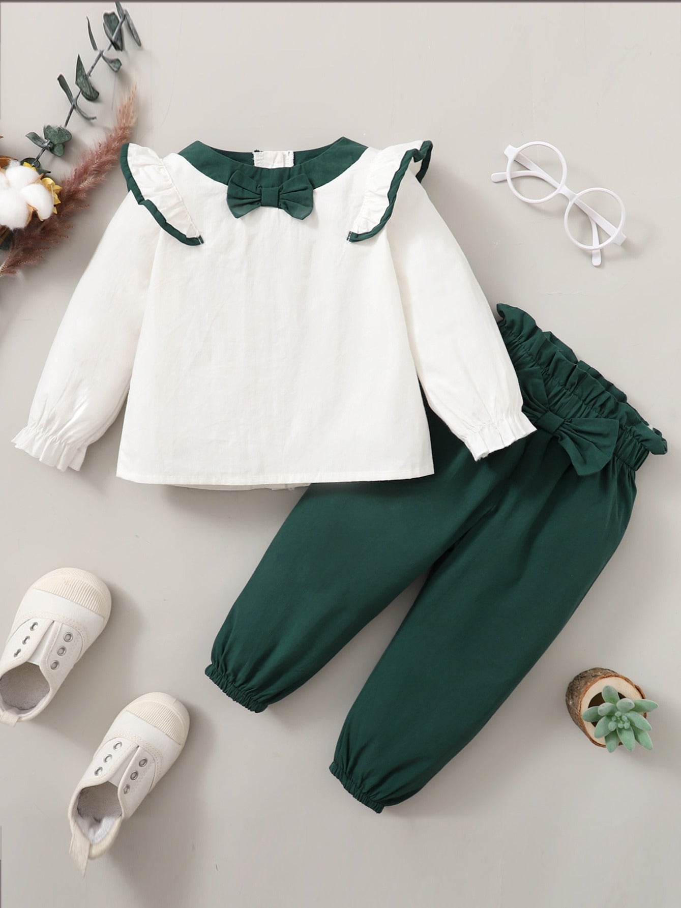 Girls Two-Piece Set with Lace Trim Top and Pants Cotton Solid Spring Fall