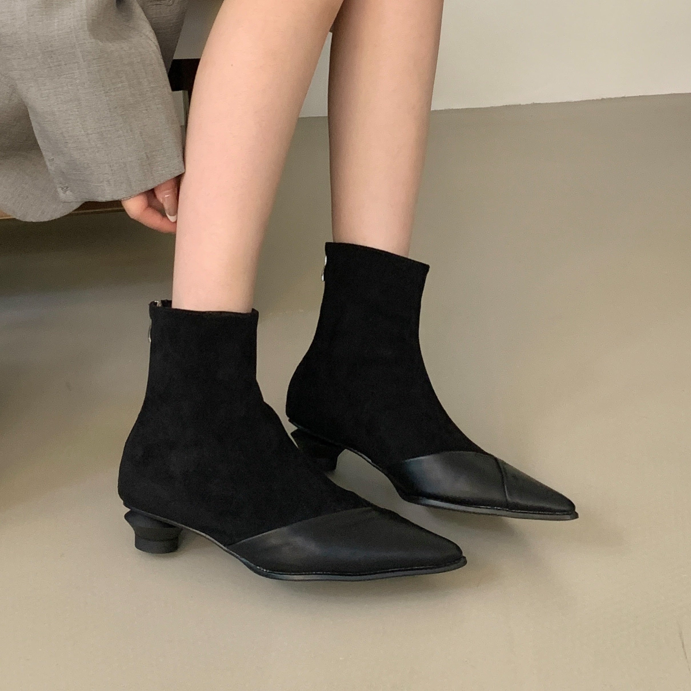 Women's Ankle Booties Flannel Patchwork Pointed Toe Low Heel Winter