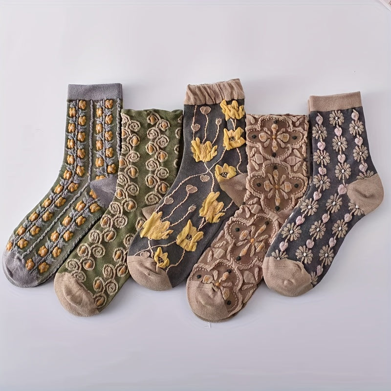 Women’s Ethnic Style Mid-Calf Socks 5 Pairs Embossed Pattern Breathable Comfortable
