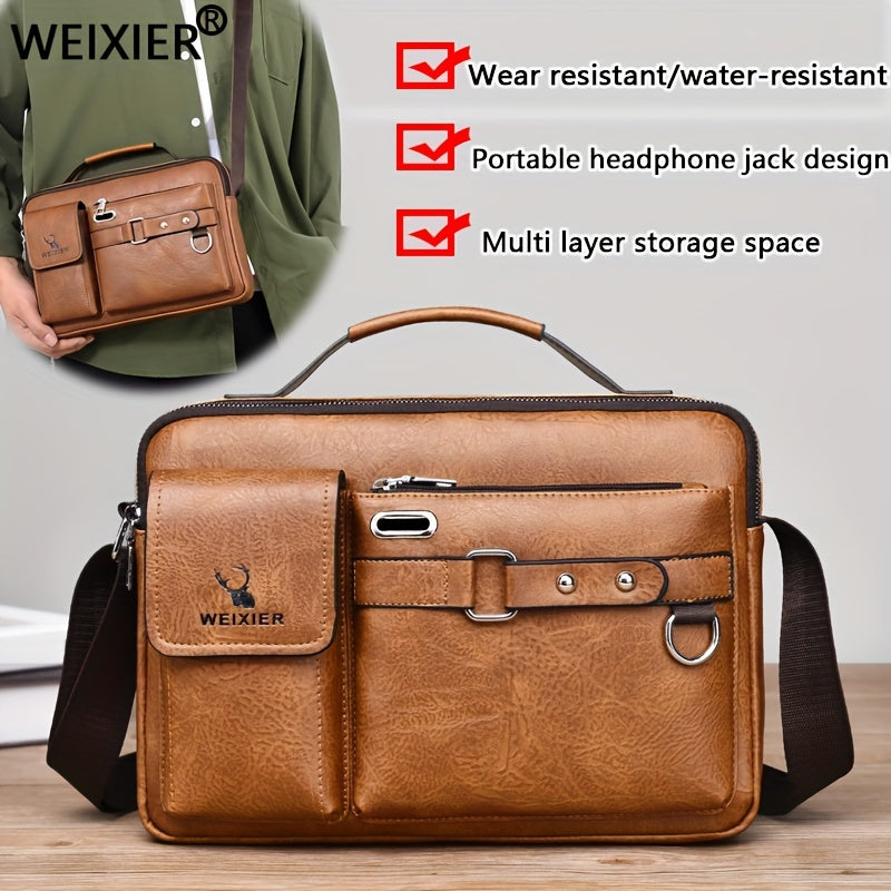 Men's PU Business Crossbody Bag Light Brown Adjustable Shoulder Strap for Office and Casual Use