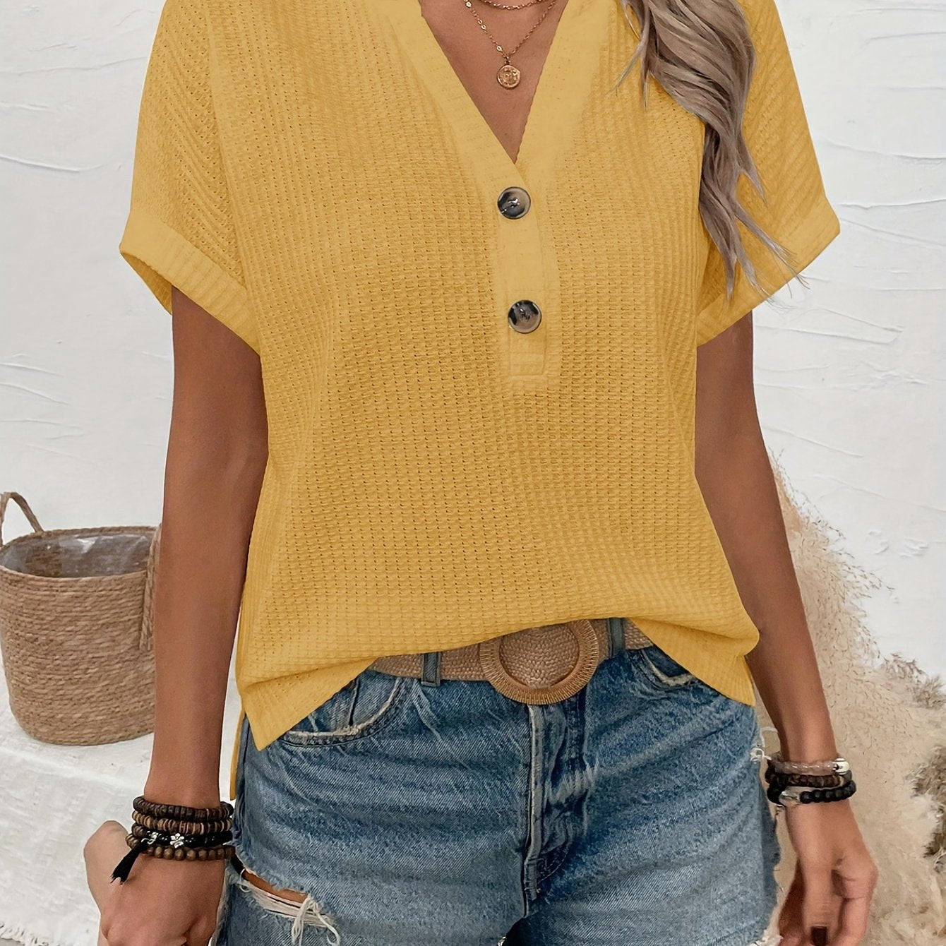 Women's Plus Size V-Neck T-Shirt Short Sleeve Solid Yellow Casual Spring Summer Fall