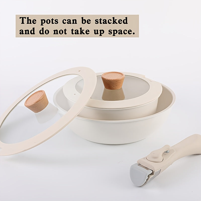 Non-Stick Aluminum Cookware Set with Removable Handle, Stackable, Glass Lids