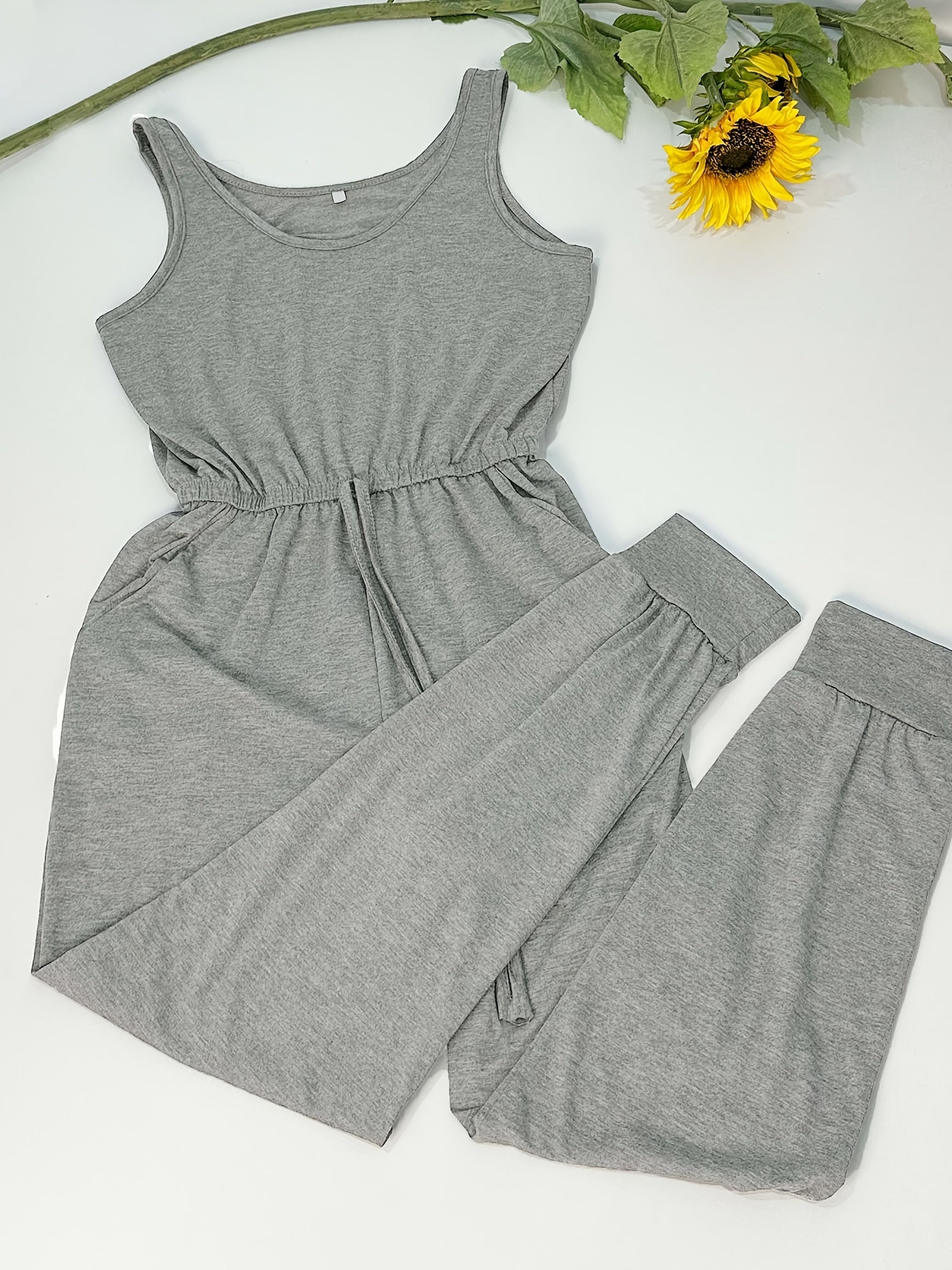 Women's Gray Sleeveless Jumpsuit with Tied Foot Casual Home and Outdoor Wear