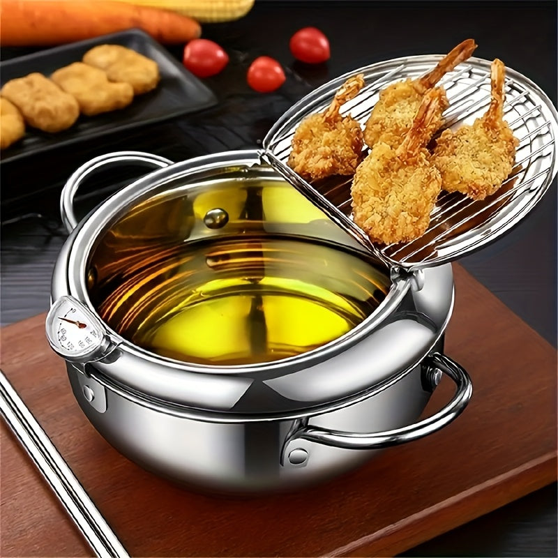 Stainless Steel Deep Fryer Pan with Thermometer 7.9 Inch Japanese Tempura Pot for French Fries Shrimp Chicken Wings