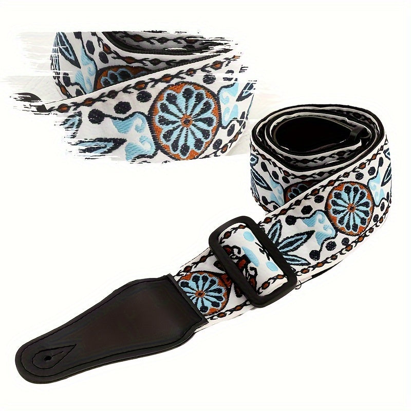 Correa de guitarra de lona con bordado de estilo nacional en rojo, amarillo, azul, verde y rosa