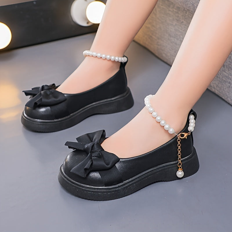 Zapatos de niña Mary Jane con lazo y decoración de perlas para primavera y otoño