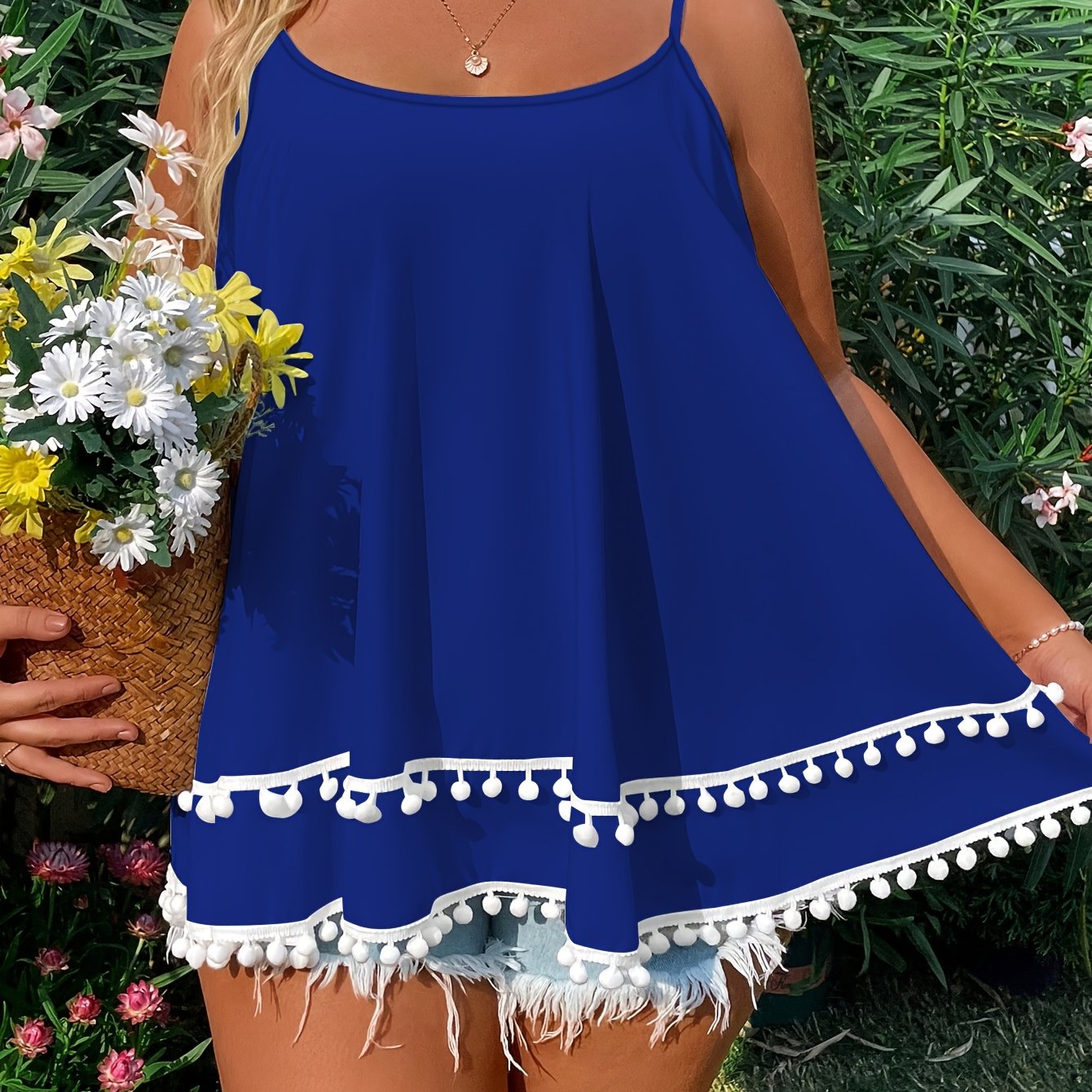 Plus Size Blue Spaghetti Strap Tank Top with Pom Pom Lace Trim Summer Dream