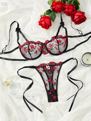 Women's Floral Embroidery Lingerie Set with Unlined Cutout Bra and Mesh Thong