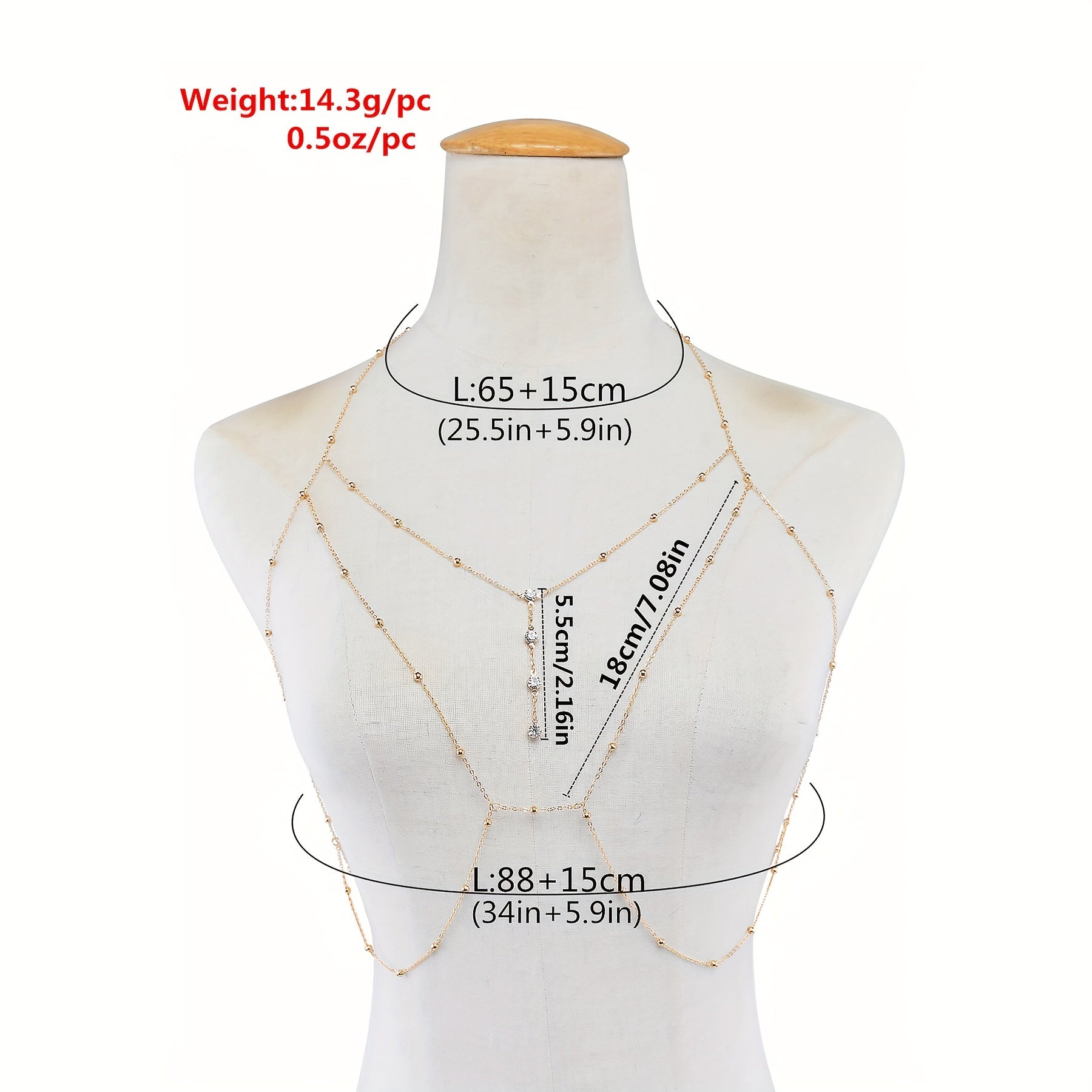 Golden Tone Beaded Body Chain Necklace Rhinestone Detail for Parties and Dates