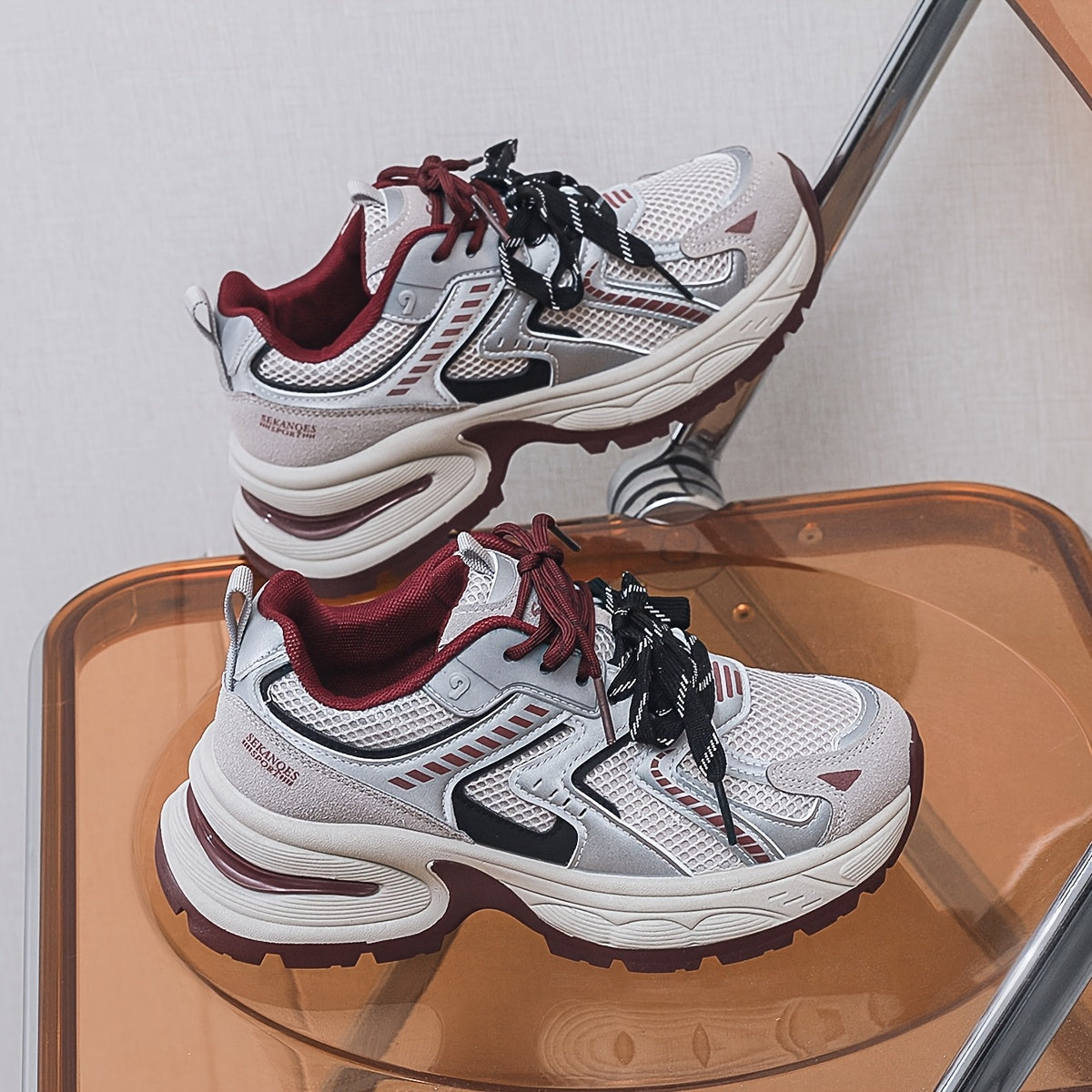 Women's Breathable Mesh PU Cover Low-Top Sneakers Casual Shoes Grey Black