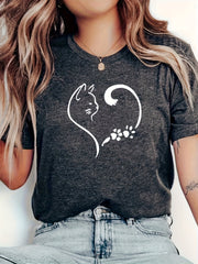 Women's Plus Size Gray T-Shirt with Cat Print Short Sleeve Casual Fit