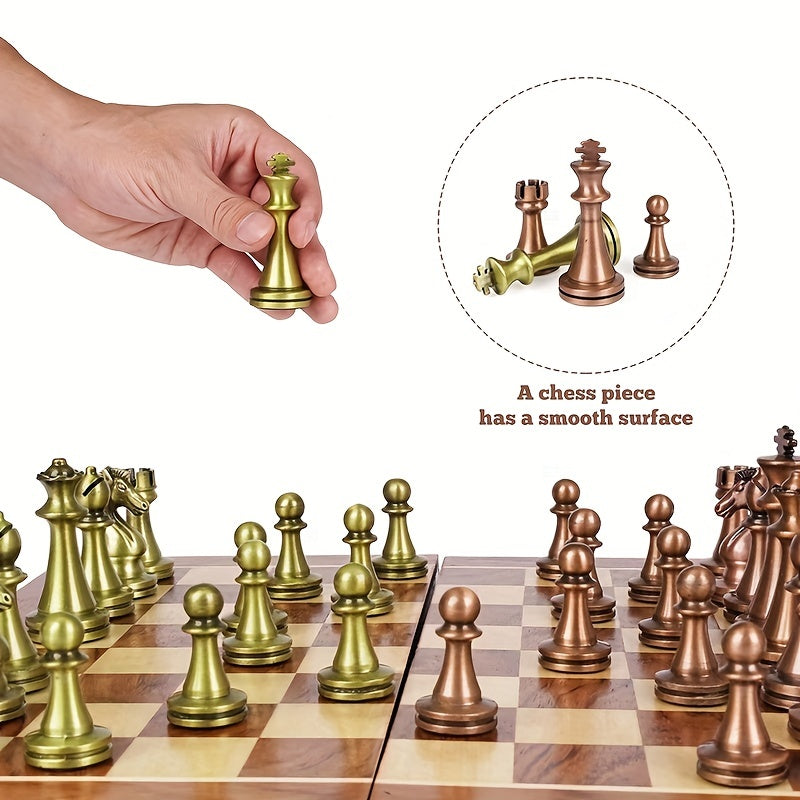 Foldable Chess Set with Zinc Alloy Pieces and Solid Wood Box for Ages 14+