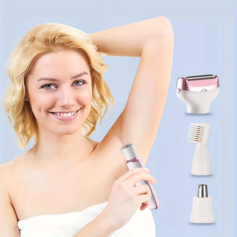 Set de depilación eléctrica 4 en 1 para mujeres, para área púbica, cejas, nariz, rostro y piernas, recargable por USB, portátil