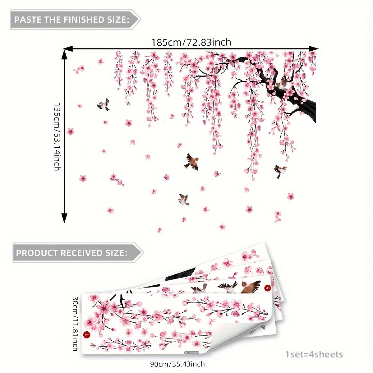 Juego de 4 calcomanías de pared de árboles de flor de durazno rosa para sala de estar, dormitorio, baño