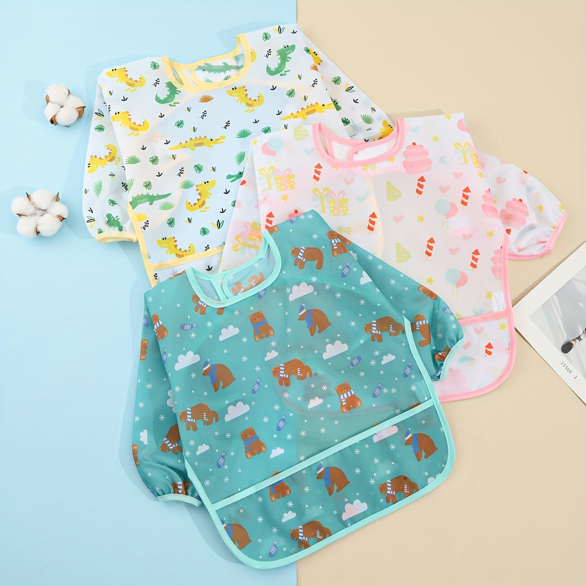 Kids Waterproof Reversible Bib with Cartoon Print, Easy Closure, Polyester Smock for Boys and Girls