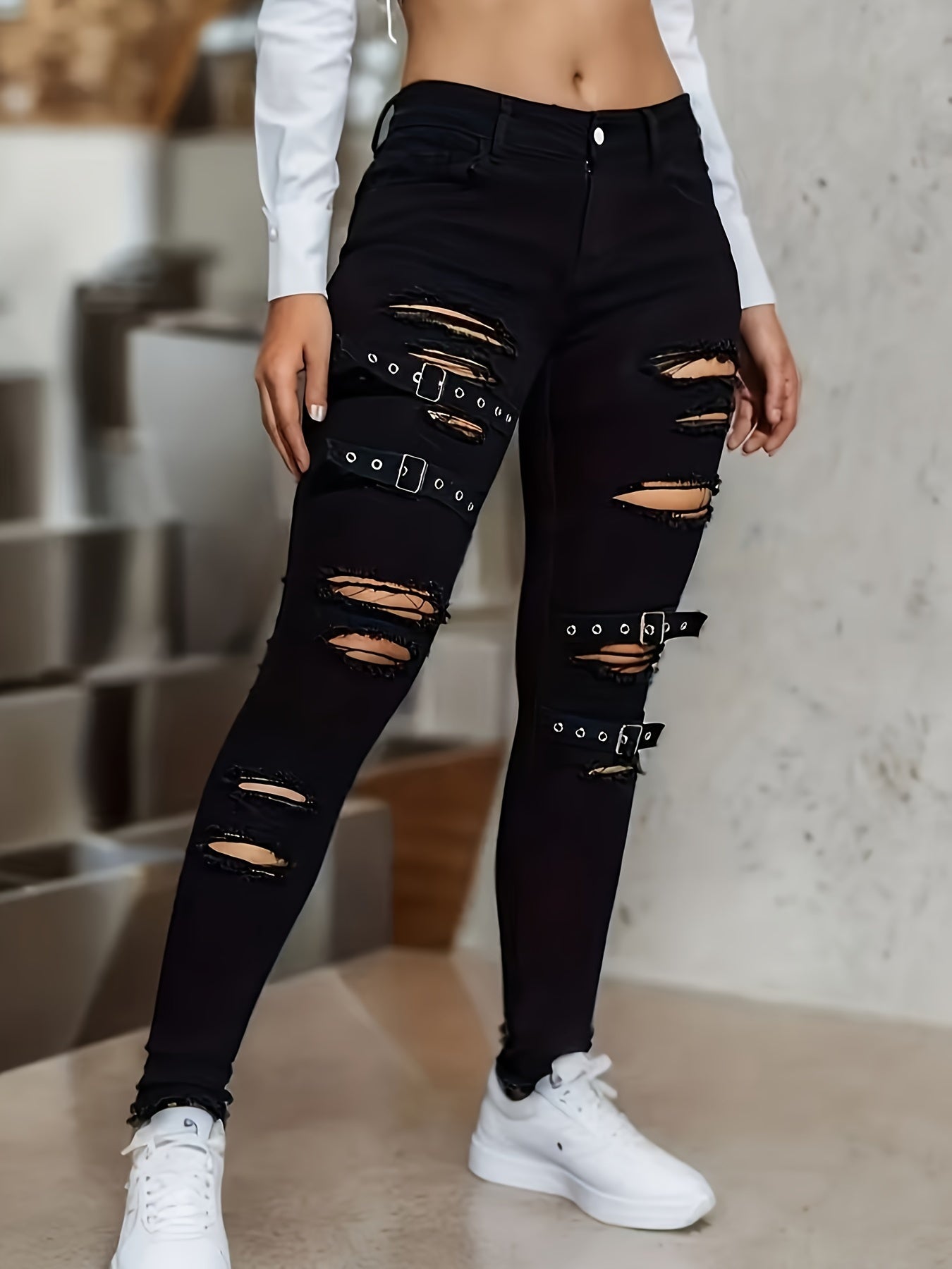Women's Denim Fitted Black High-Stripe Jeans with Button Details
