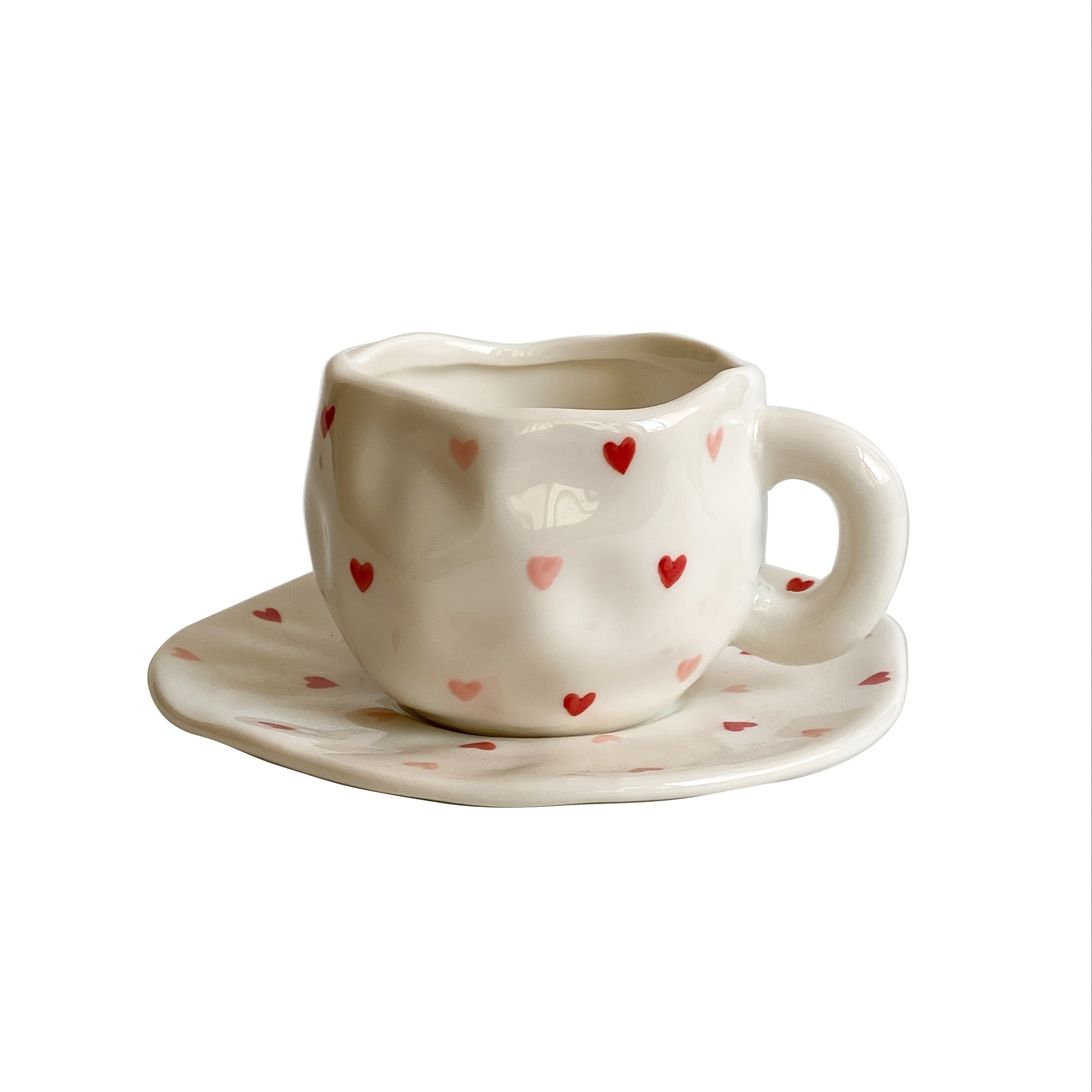 Valentine's Day Irregular Ceramic Coffee Mug and Saucer Set with Hand-Kneaded Texture