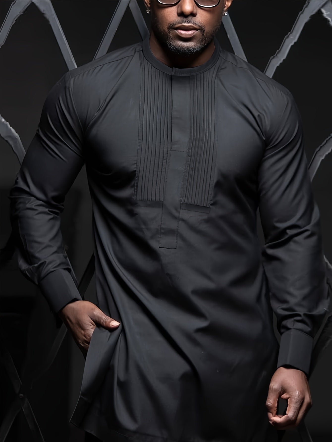Men's Plus Size African Dashiki Set Long Sleeve Casual Black Polyester Pleats Drawstring Pants