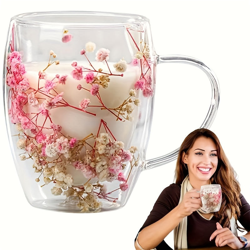 Double-Walled Glass Coffee Cup with Dried Flowers Insulated Reusable for Espresso Iced Coffee Juice 2-6pcs