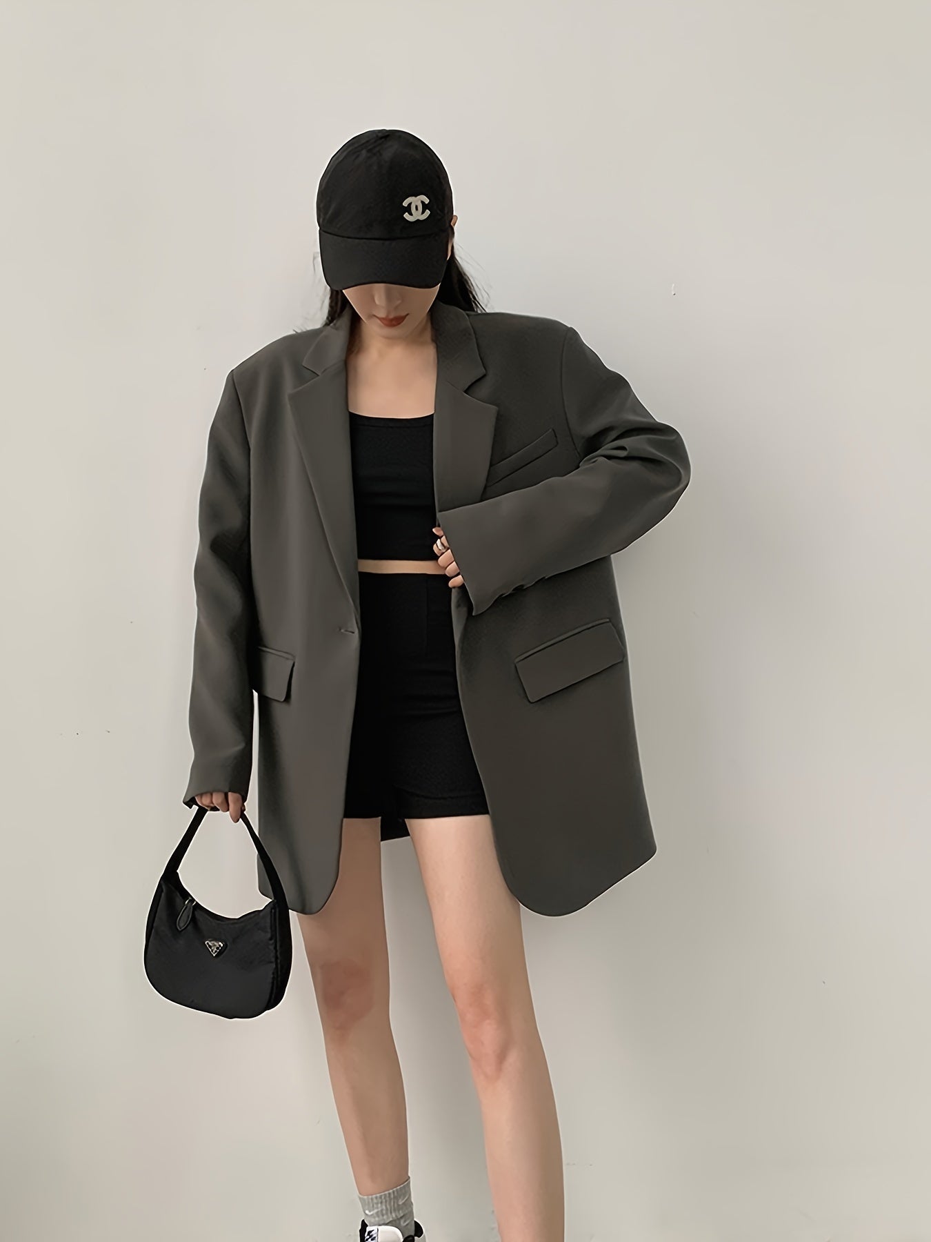 Women's Grey Blazer Jacket Spring Fall Long Sleeve Polyester Casual Streetwear Petite