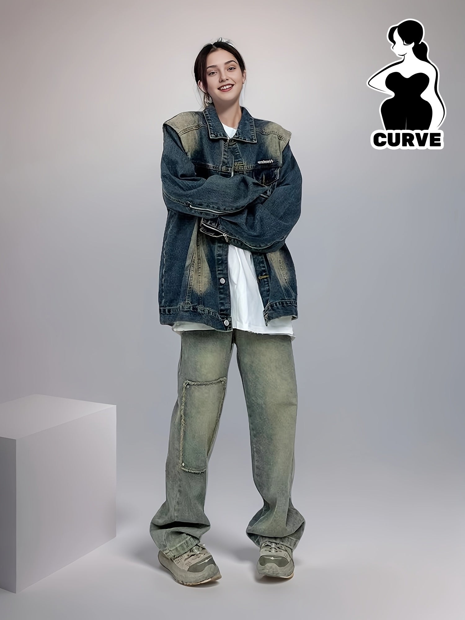 Women's Denim Jacket with Shoulder Pads Loose Fit Washed Blue Casual Outerwear