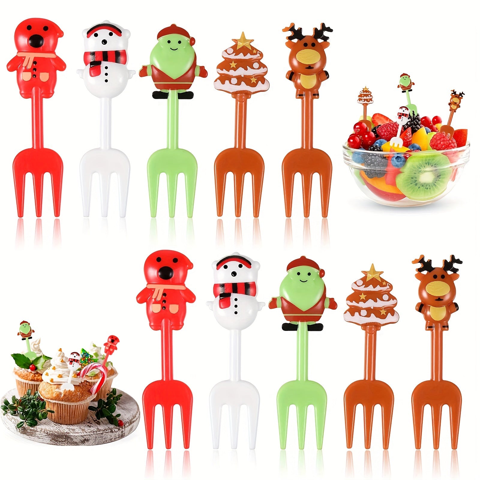 10-Piece Christmas Cartoon Fruit Fork Set for Kids with Animal Designs for Bento Lunch and Holiday Parties