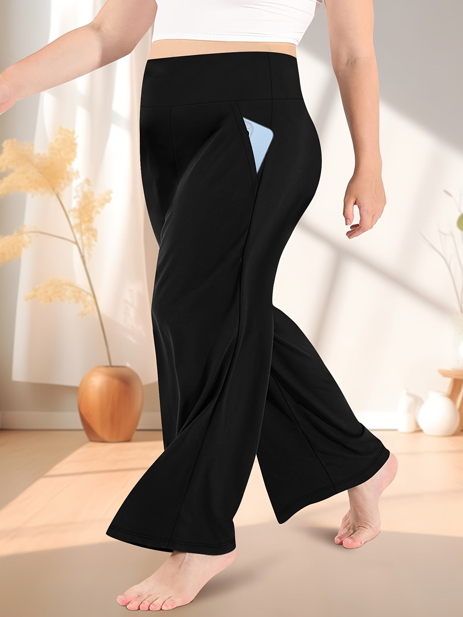 Pantalones de punto de talla grande de cintura alta y pierna ancha, casual, de poliéster, para todas las estaciones