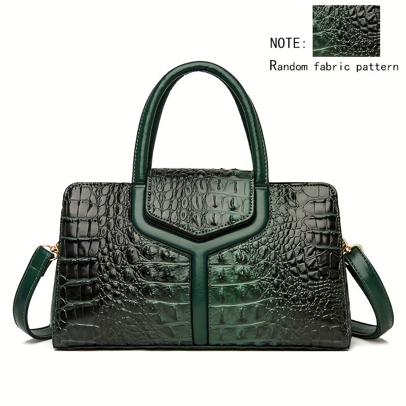 Women's Crocodile-Embossed Handbag Black Green Crossbody Shoulder PU Durable Stylish