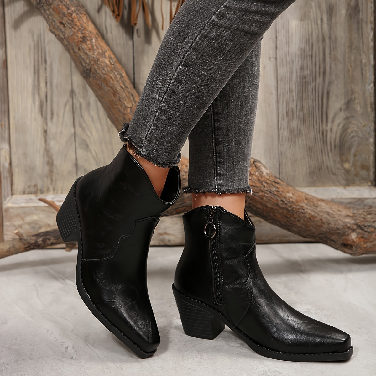 Women's Faux Cover Block Heel Ankle Boots Brown Pointed Toe Non-Slip Rubber Sole