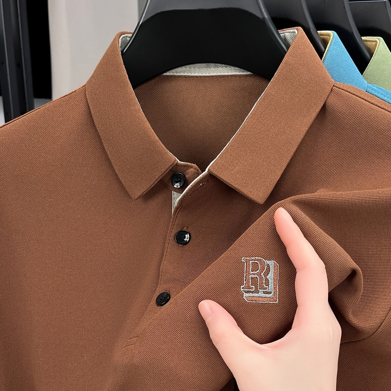 Men's Summer Casual Knitted Shirt Short Sleeve Embroidered Lettering Solid Color Breathable Fabric