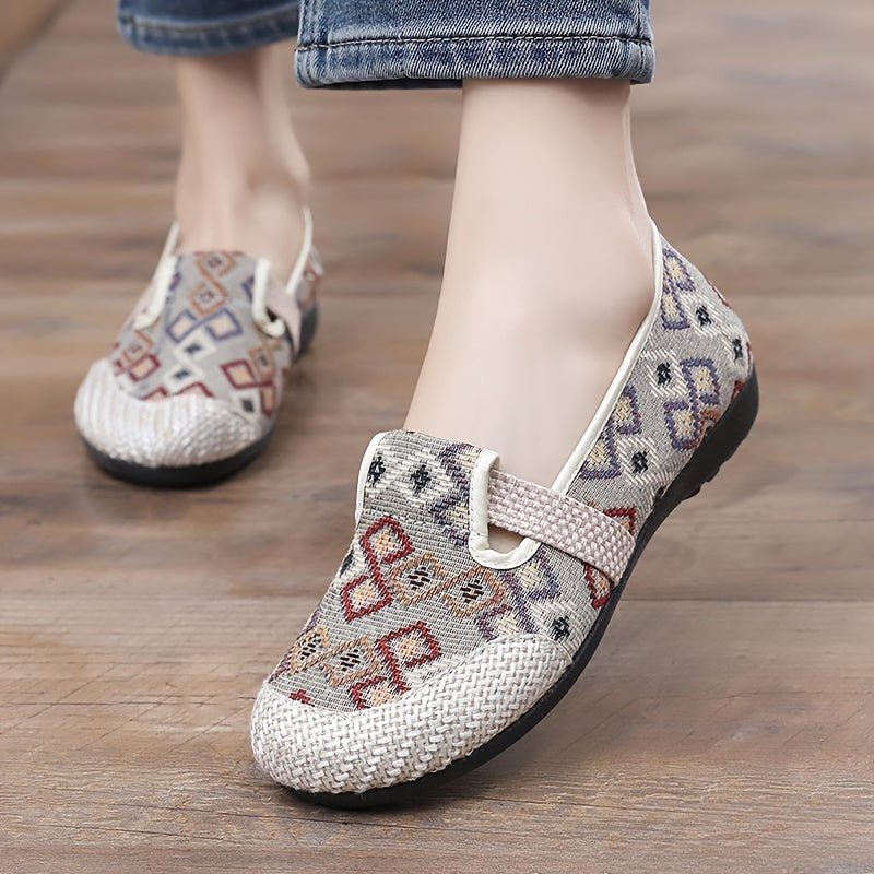 Women's Canvas Slip-On Sneakers with Geometric Pattern and Rubber Sole