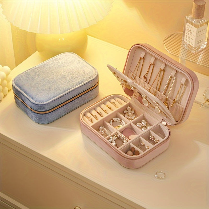 Velvet Jewelry Box with Zipper Closure, 3 Layers, Travel Organizer for Earrings, Necklaces, Rings, Watches