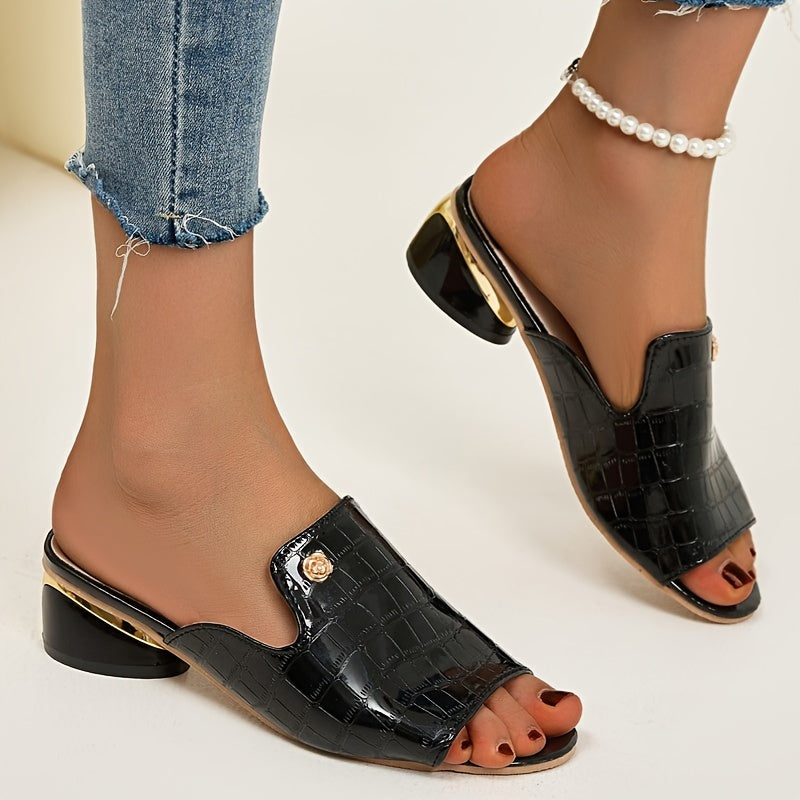 Women's Plus Size Leather Peep Toe Sandals with Chunky Heel