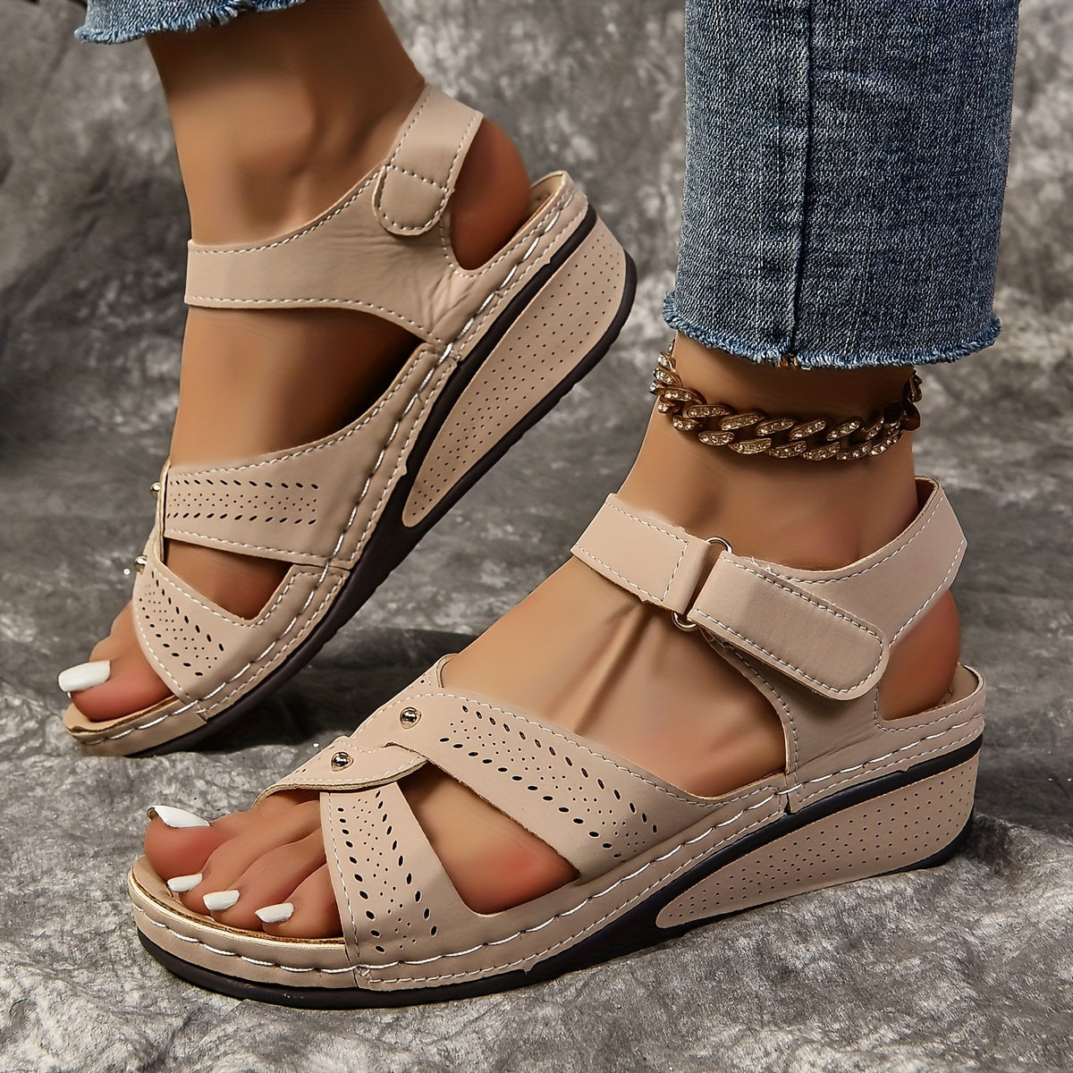 Women's Solid Color Wedge Sandals Open Toe Platform Ankle Strap