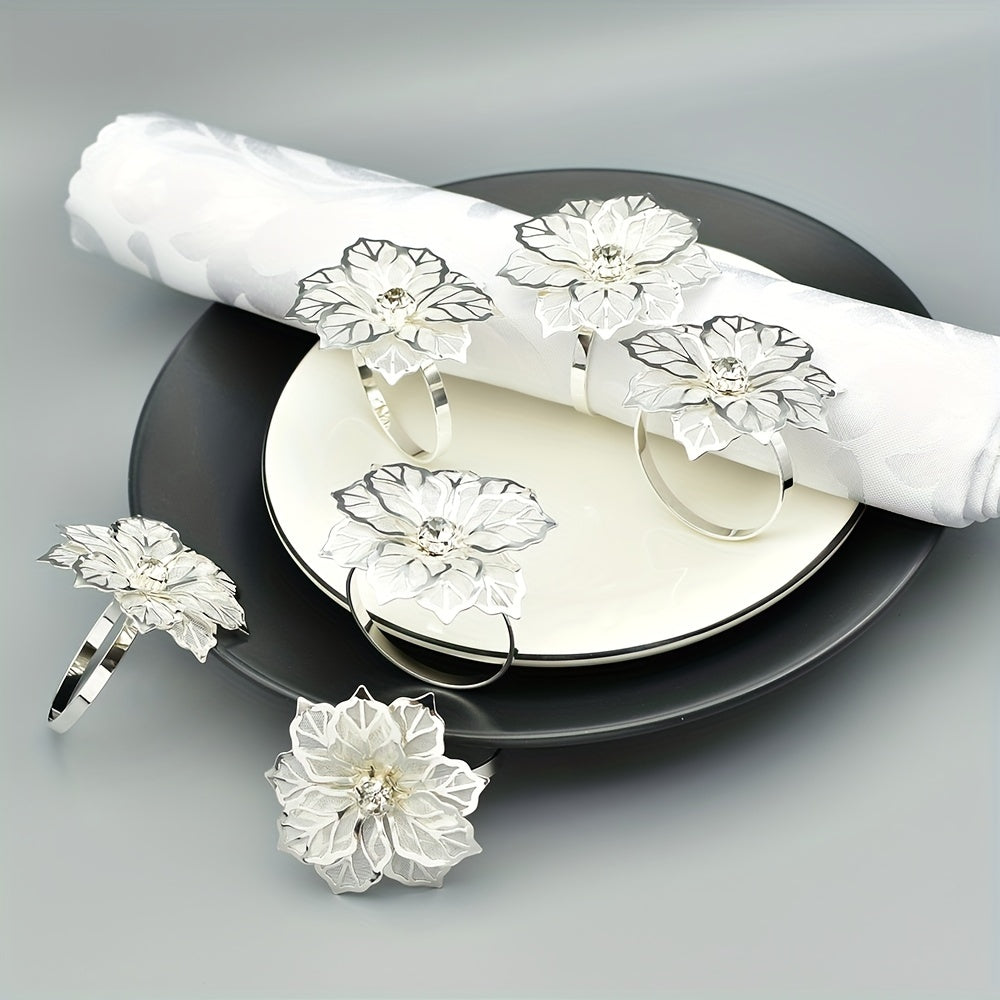 Set of 6 Silver Flower Napkin Rings for Dinner Table Decor