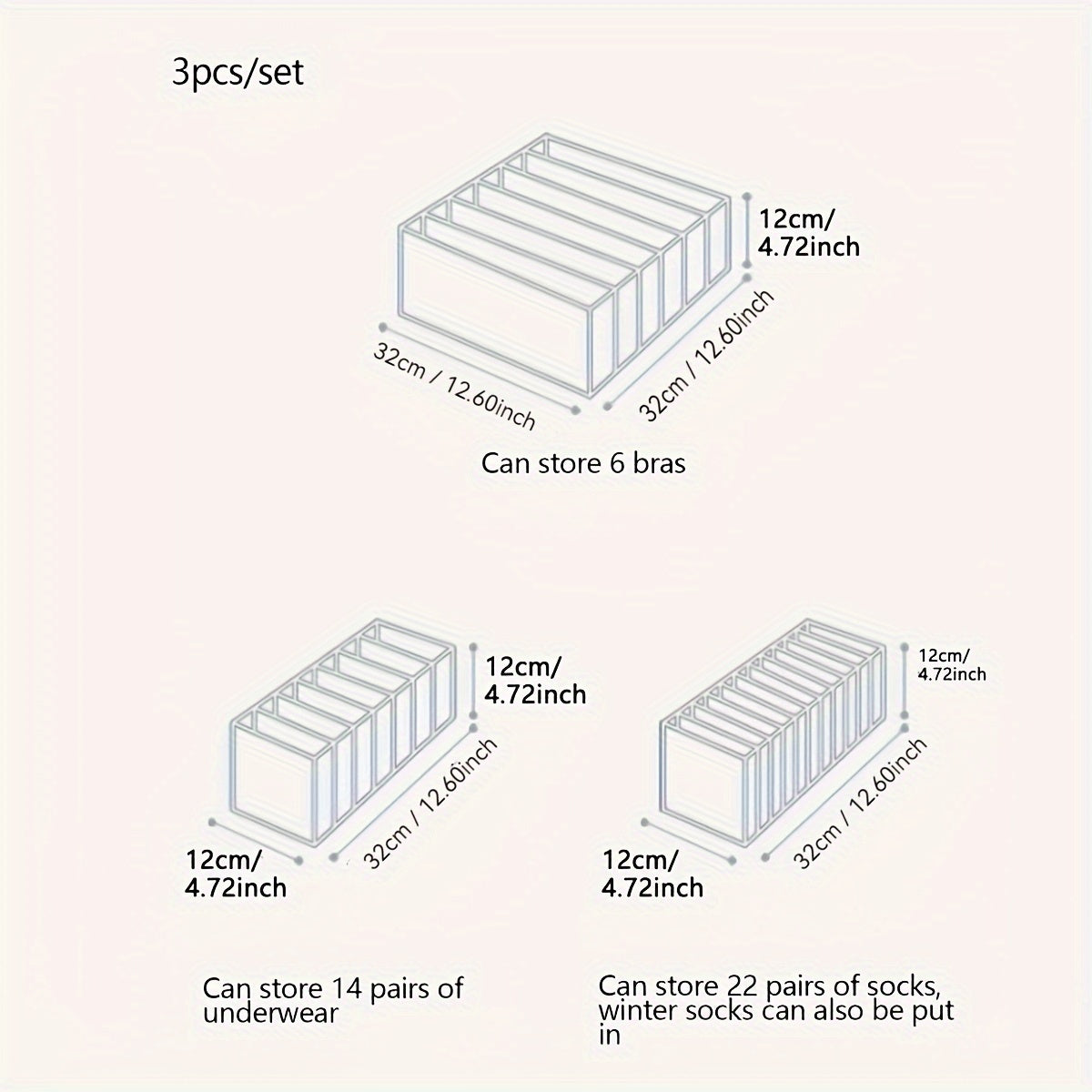 3-Piece Underwear Storage Box Set with Window for Panties Socks Bras Organizing